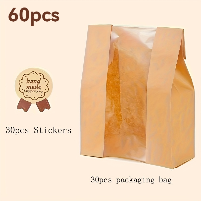 TEMU 60pcs (30pcs Large Bread Bags And 30pcs Sealing Stickers) Large Paper Bread Bags, Suitable For Homemade Bread And Pastries, Clear Front Tin Tie