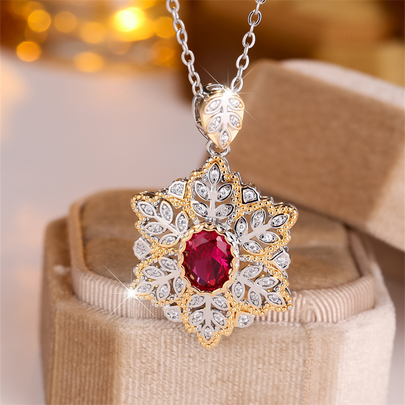 TEMU 1pc Luxury Floral Pendant Necklace - Golden-tone (white K Golden Plated) With Oval Red Gemstone, Elegant Valentine's Day Jewelry Gift For Women,