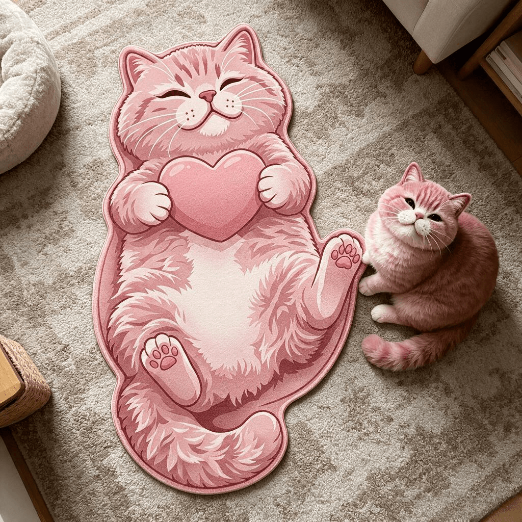 TEMU 2d Flat, 1pc Velvet 850g/ã¡ 9mm Bathroom Non-slip Mat, Thin Plush 2d Printed Non-long Pile, Lazy Pink Cat Holding A Heart Irregularly Shaped Rug