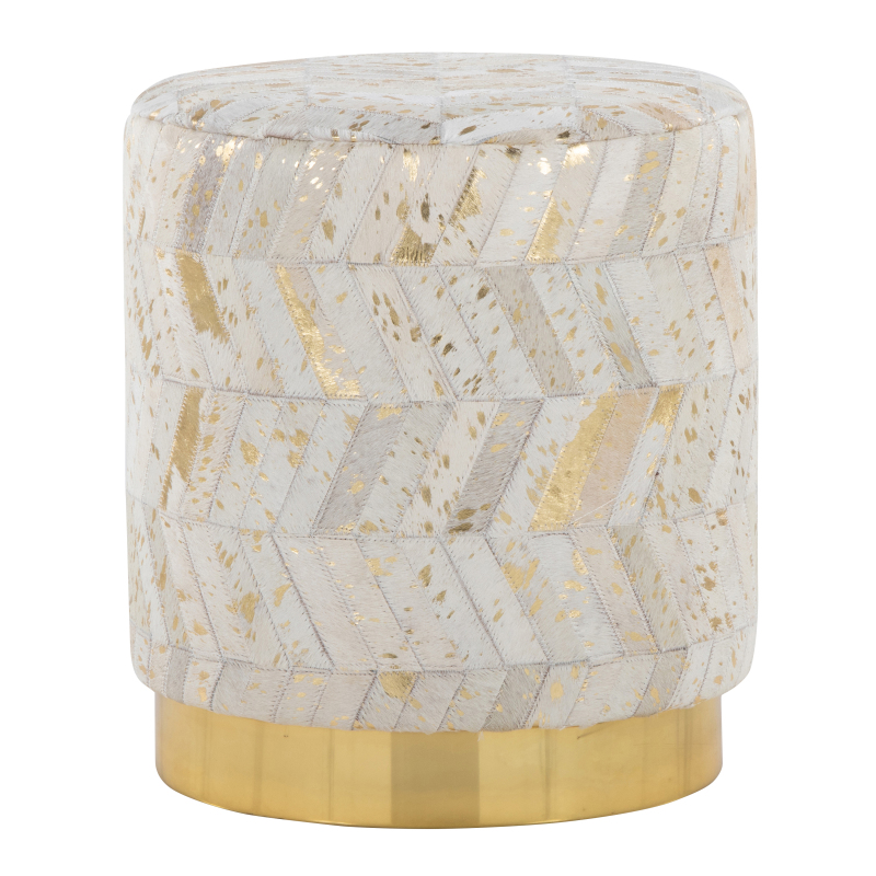 Leather Ottoman in Golden Metal and Ivory Leather with Golden Splatter