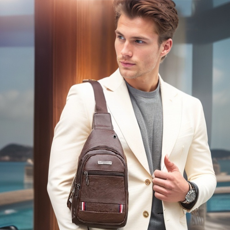 [PU Men's Bag] Soft PU Men's Chest Bag | Simple Casual Business Crossbody Bag with Earphone Hole