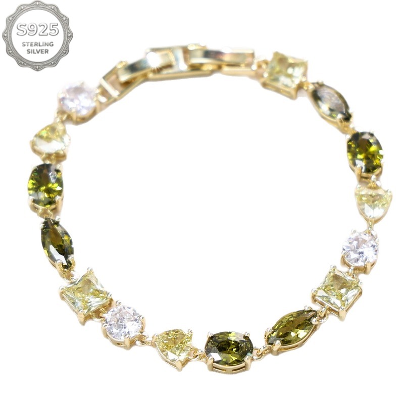 TEMU 925 Sterling Silver Olive Green Irregular Geometric 5a Zirconia Gradient Bracelet, Dainty Deco Bracelet For Women, Gift For Her Mom Wife