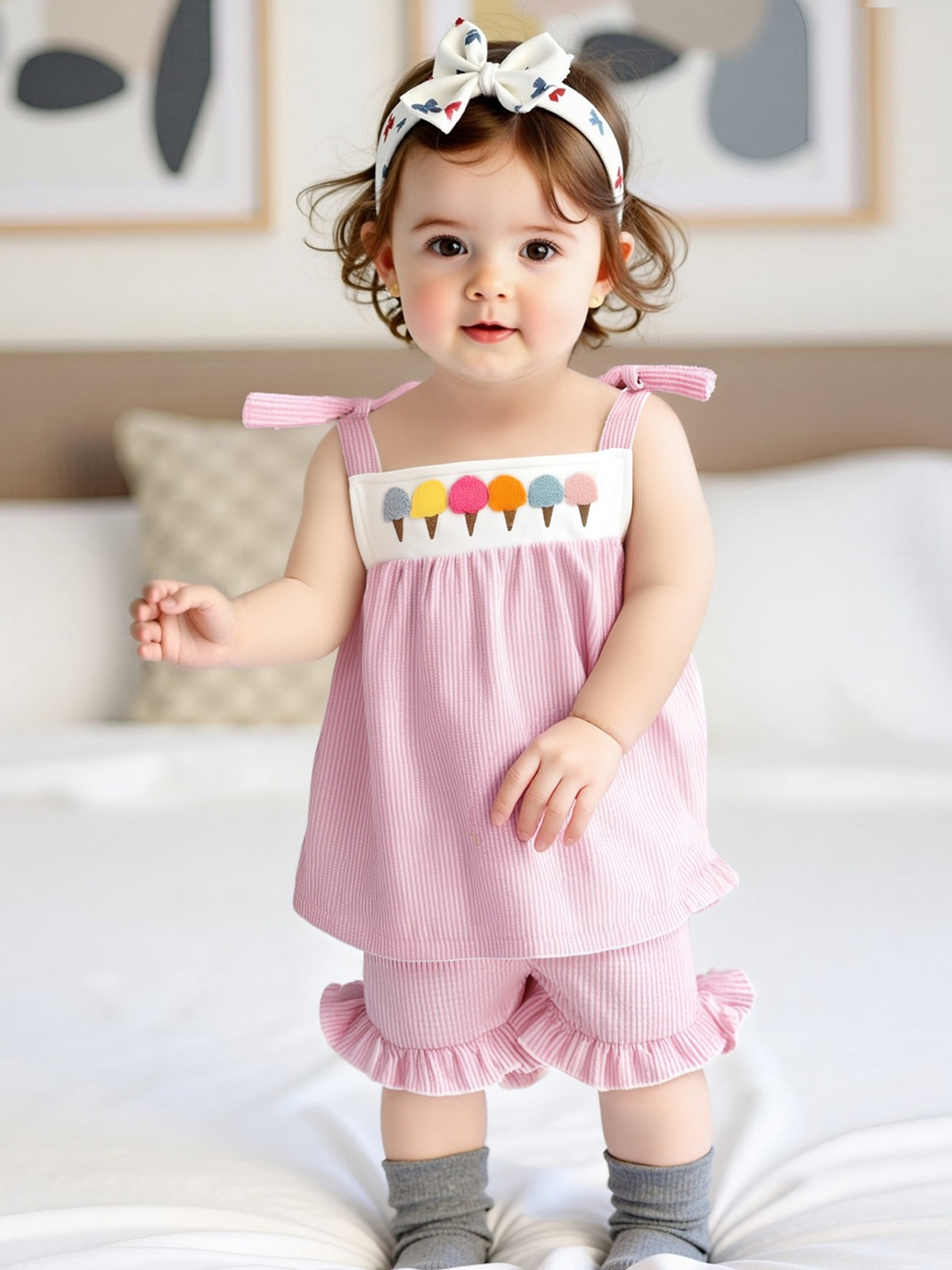 toddler baby girl summer outfit ice cream embroidered - Temu