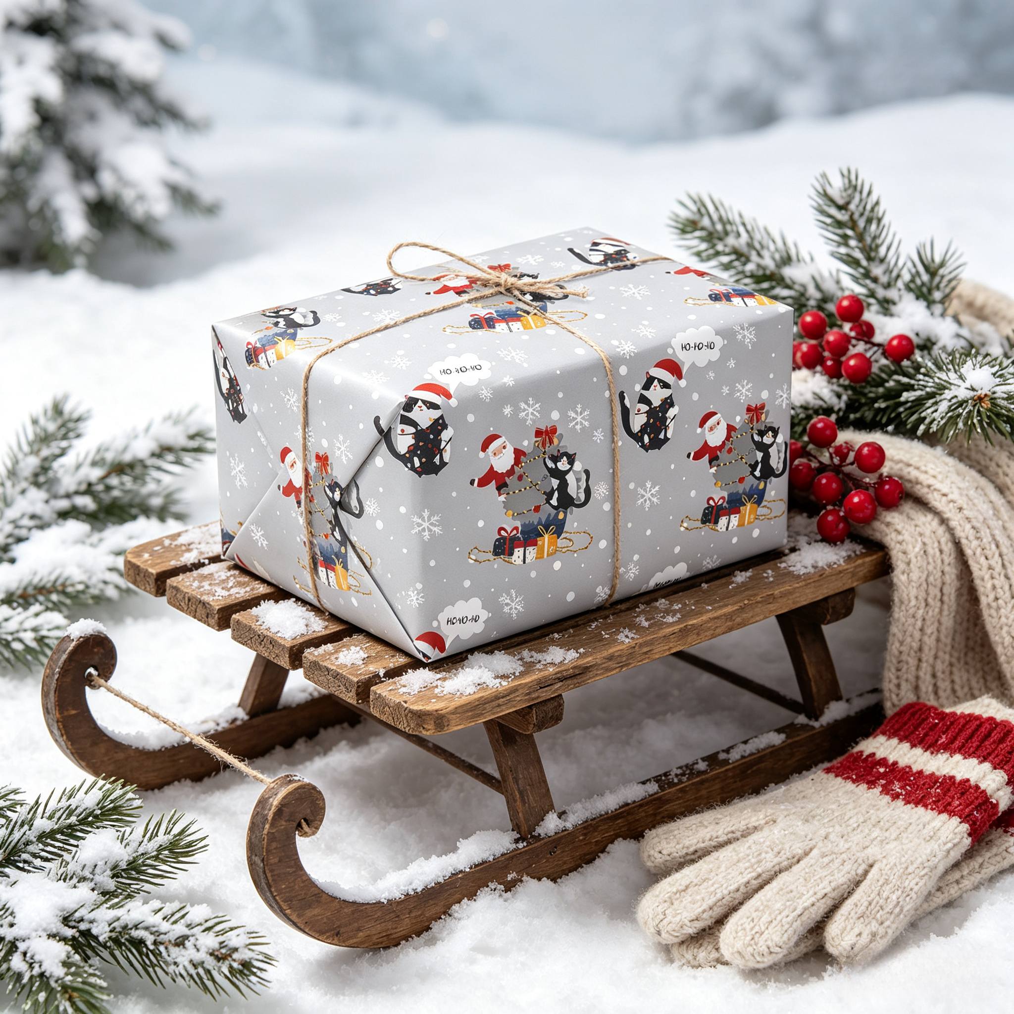 TEMU 1 Rouleau de de Noël 17x118 Pouces, Fond Gris avec Imprimé Chat en Nœud Papillon et Bonnet de Père Noël, de Neige et Boîte Cadeau du Père Noël,