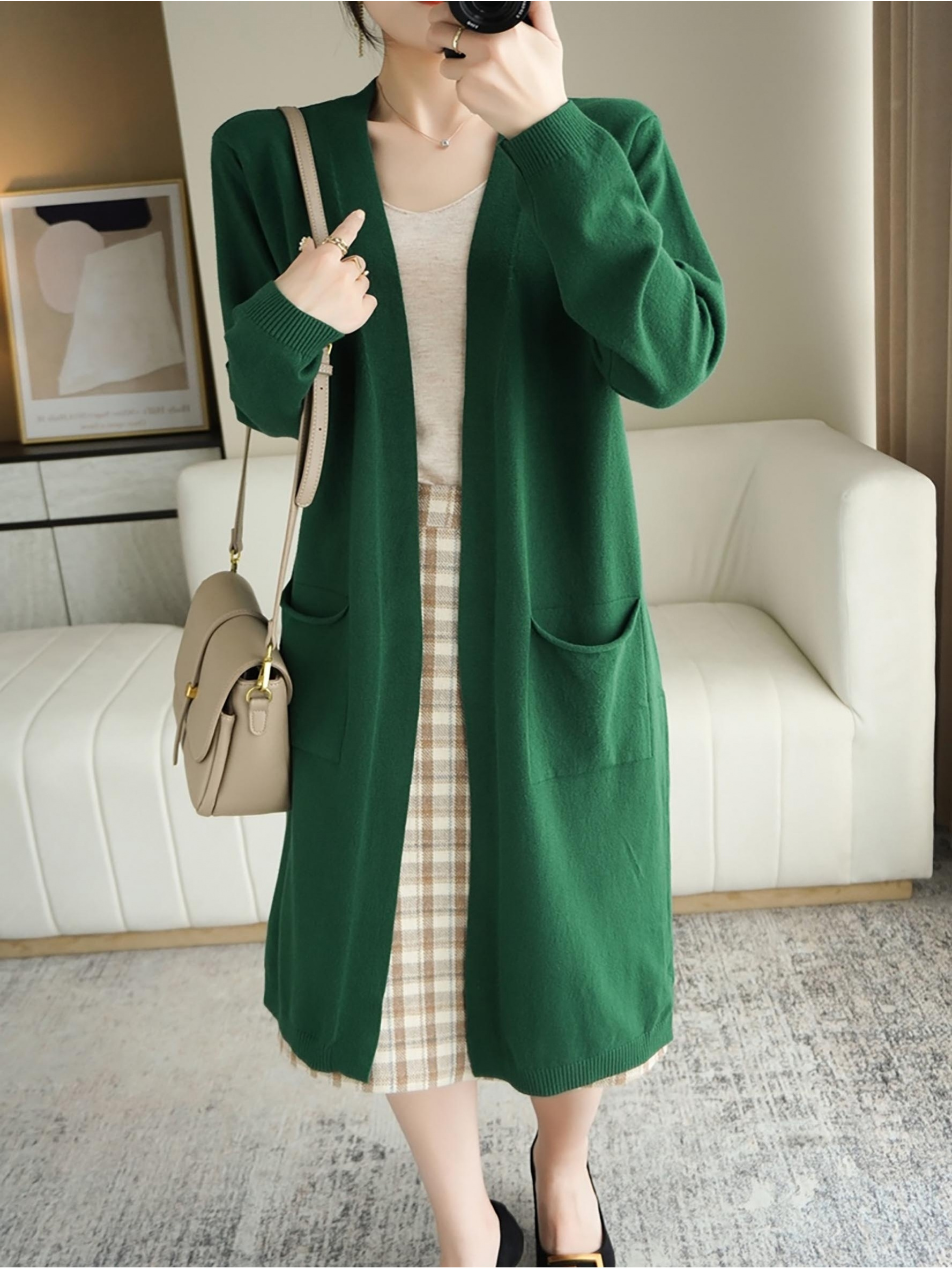 womens v neck solid color long sleeve cardigan long style casual and relaxed   high quality sweater suitable for spring and autumn