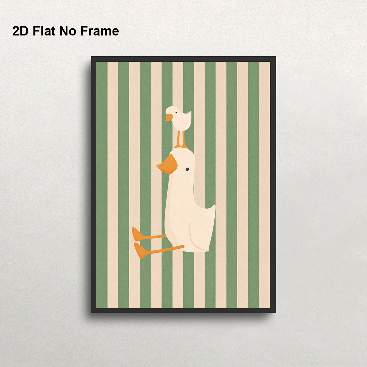 TEMU 2d Flat, 2d Flat, 1pc Frameless Canvas Poster, 2 Cute Ducks Stacking On With Orange And Legs On A Cream And Green Striped Background, Wall Art