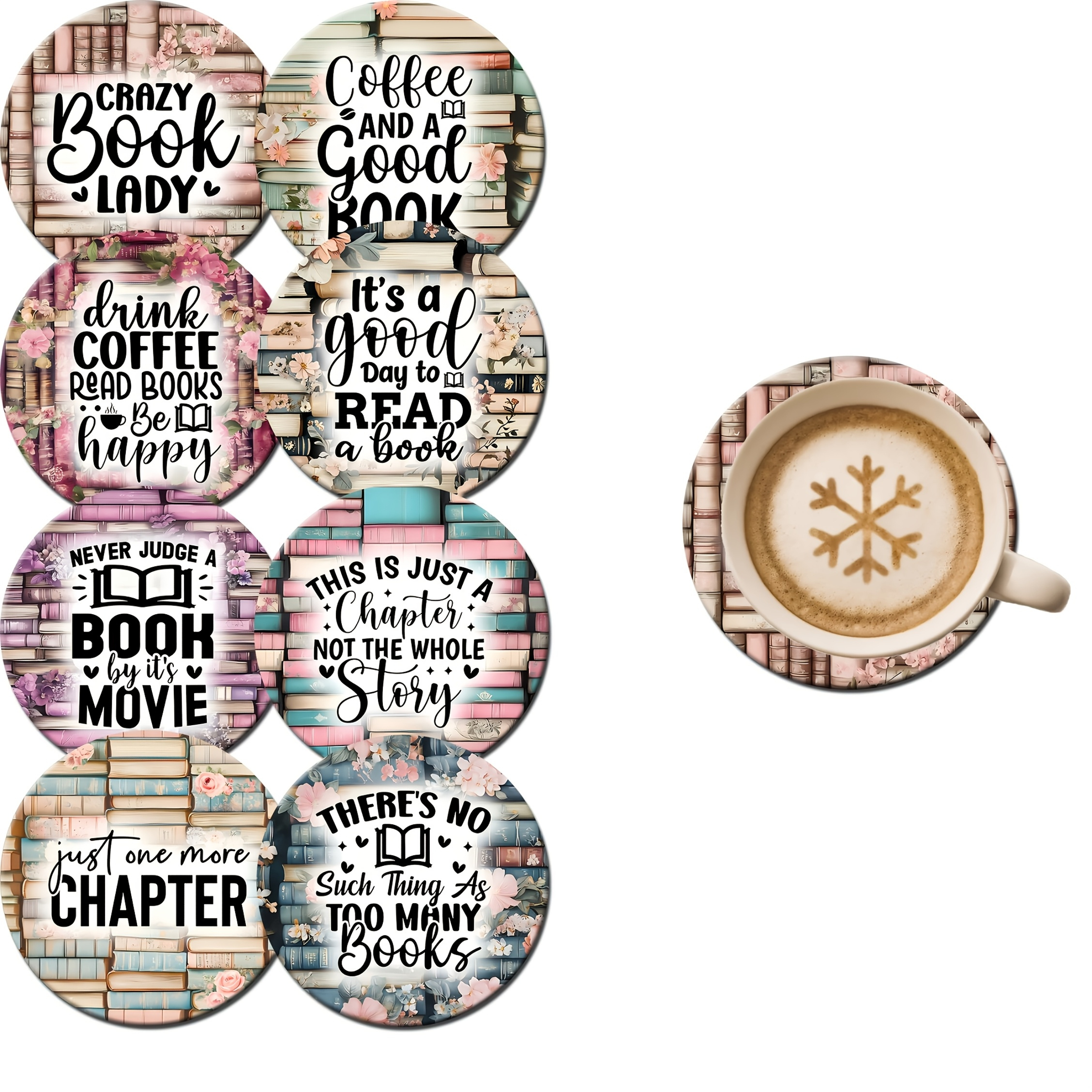 TEMU A Set Of 8 Wooden Coasters With Coffee And Book Themes, Absorbent And Durable, Home And Restaurant Decor, Making Them An Book Lovers And Coffee