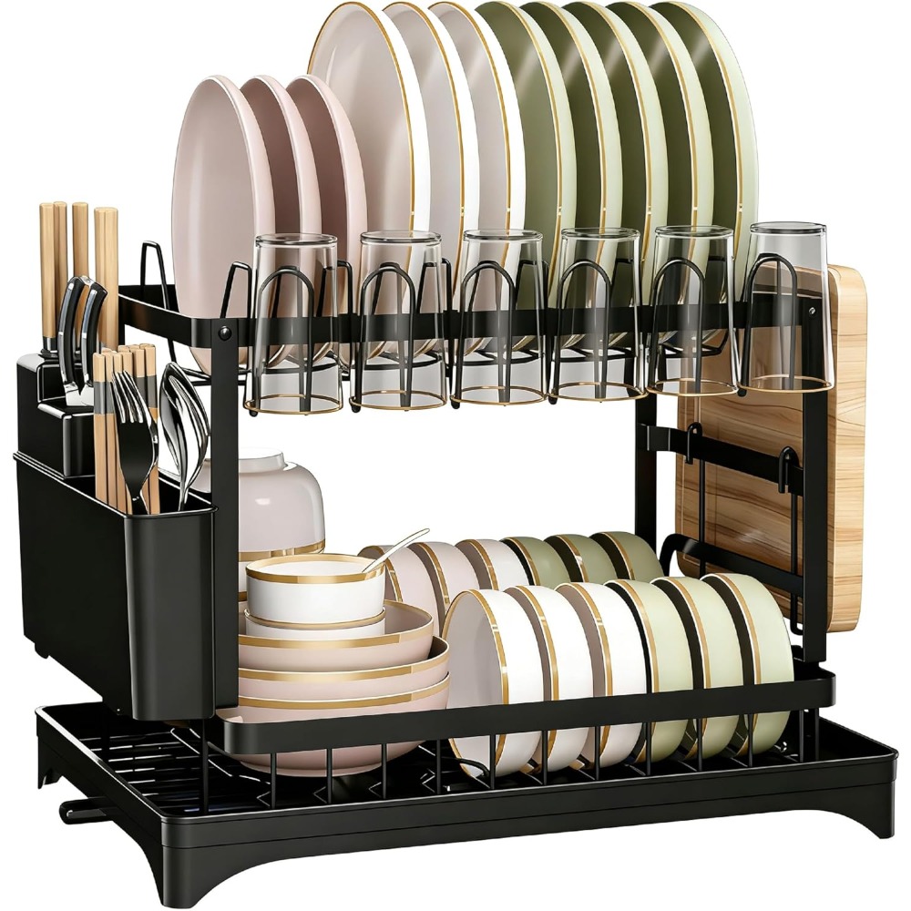 2-tier Stainless Steel Dish Drying Rack With Spout & Drip Tray - Practical Dish Dryer With Utensil Holder, Space For Kitchen