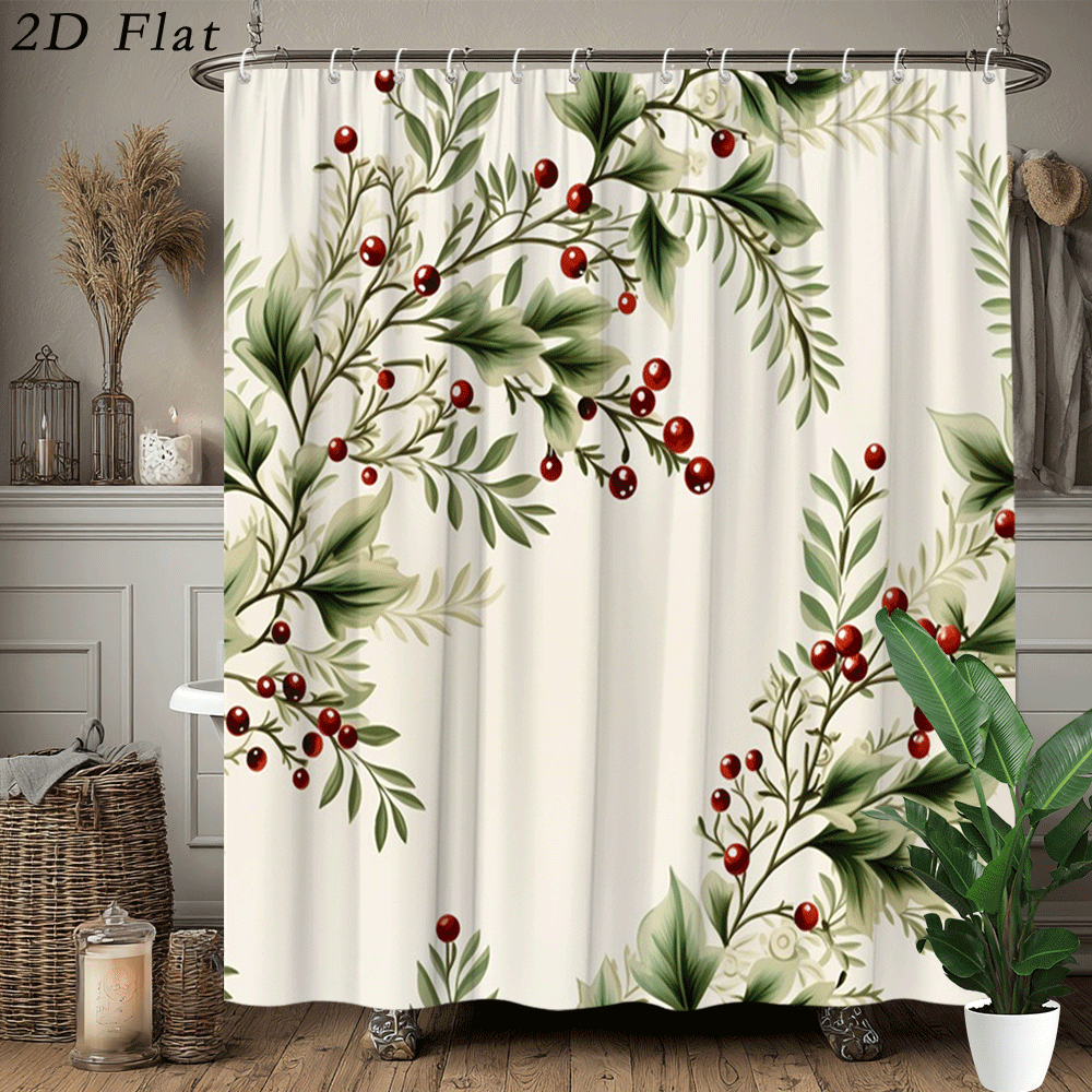 TEMU 2d Flat, 2d Flat, 1pc A Stylish Christmas Shower Curtain Featuring A Botanical Design With Red Leaves, Measuring By Inches. Made Of Polyester