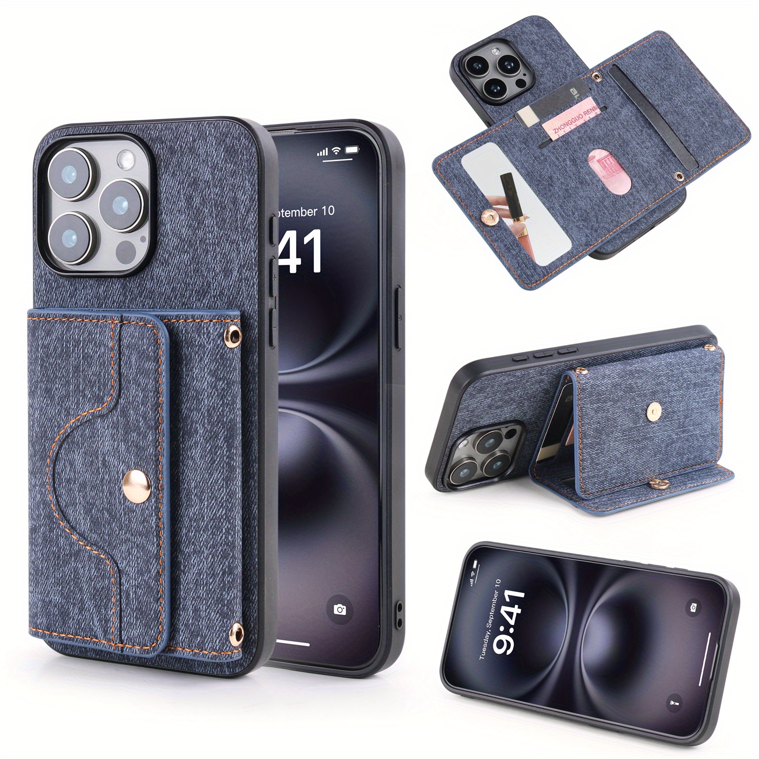 TEMU Phone Case - Stylish And Minimalist Denim-textured And Faux Leather Case For For Galaxy S10 And A72, Featuring A Rope For Hanging And A Mirror