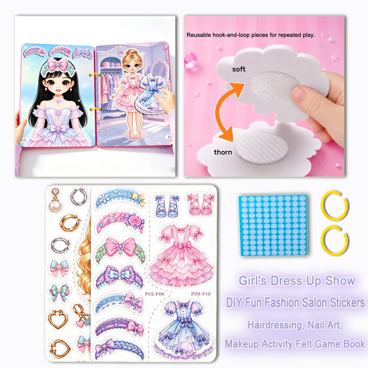 TEMU Tablero de juego de fieltro para disfraz de princesa, de moda, belleza, peluquería, maquillaje y disfraces, libro de pegatinas de salón, libro