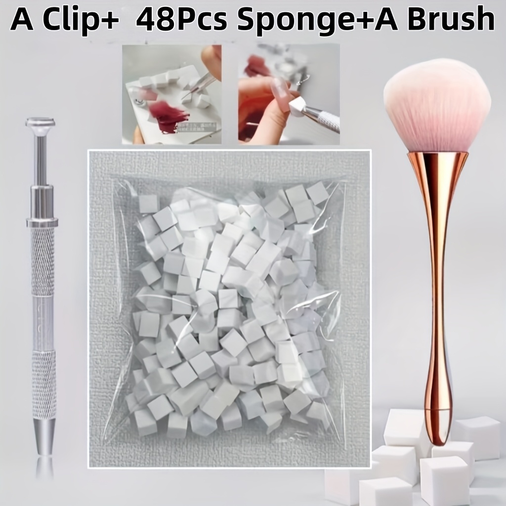 TEMU de 3 pièces comprend 48 pinceaux éponges + 1 pince + 1 pinceau à long manche, utilisés pour la peinture dégradée et le nettoyage dans le nail
