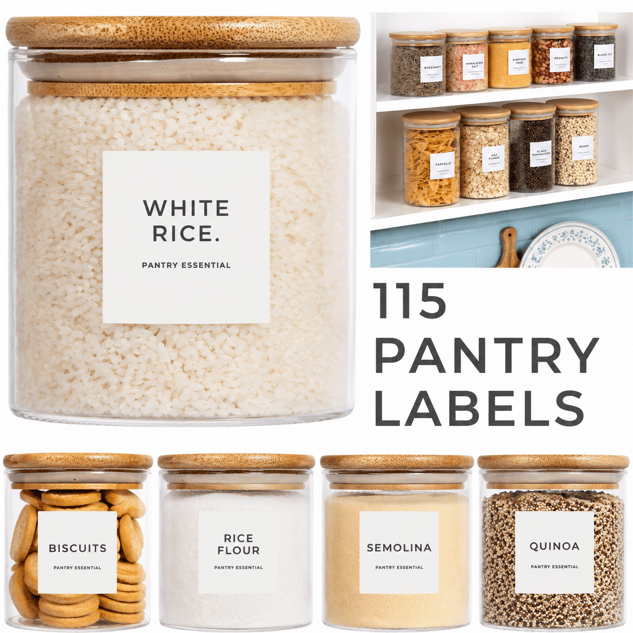 TEMU 115pcs English Kitchen Spice Jar Labels Set - Minimalist Waterproof & Removable Stickers For Pantry Storage, Baking, Herbs & Seasonings, 2'x2'