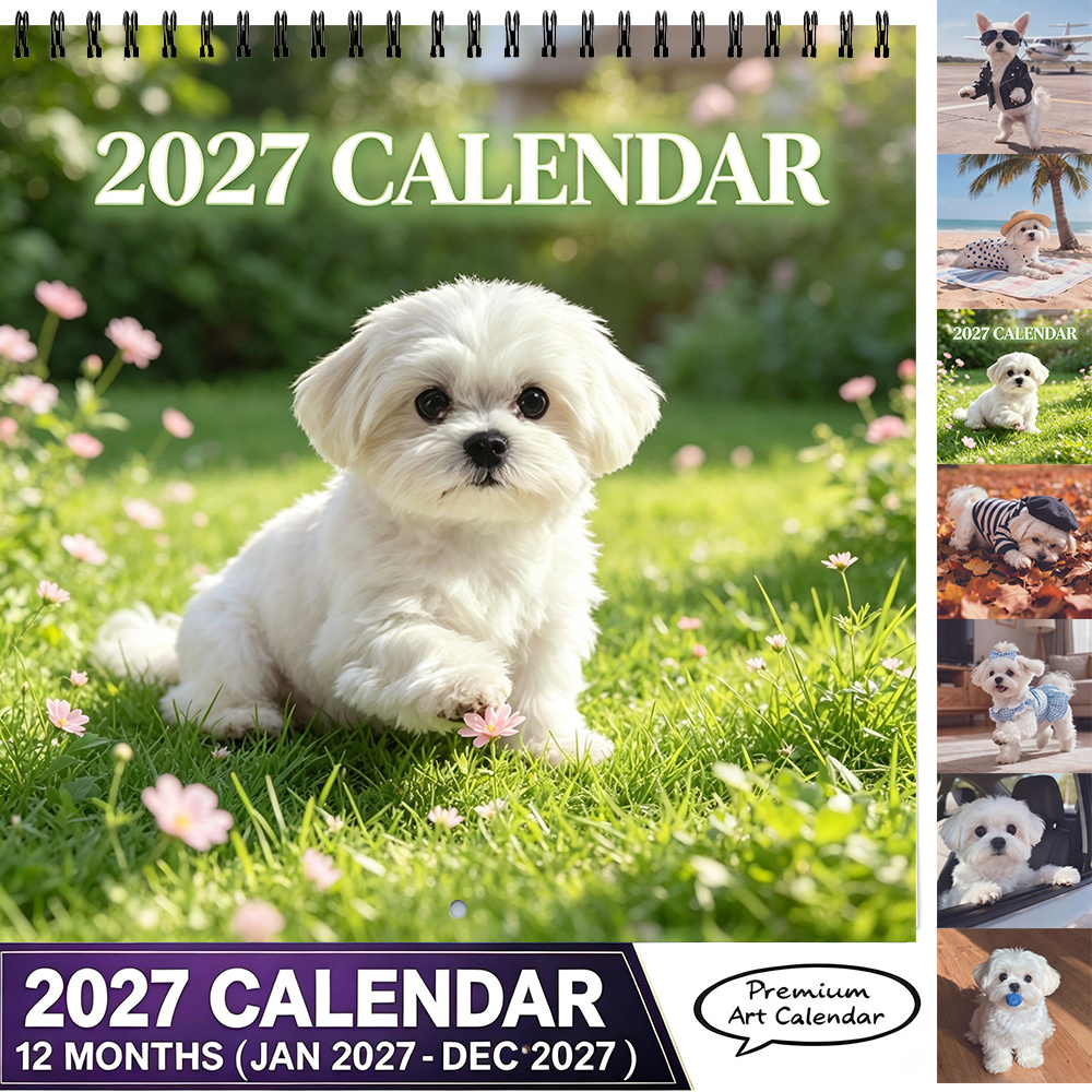 TEMU 2027 Cute Dog Wall Calendar 8.3 X 8.3 Inch Square Wall Calendar Maltese Puppy Decor Wall Calendar Home Wall Decor Calendar New Year Gift