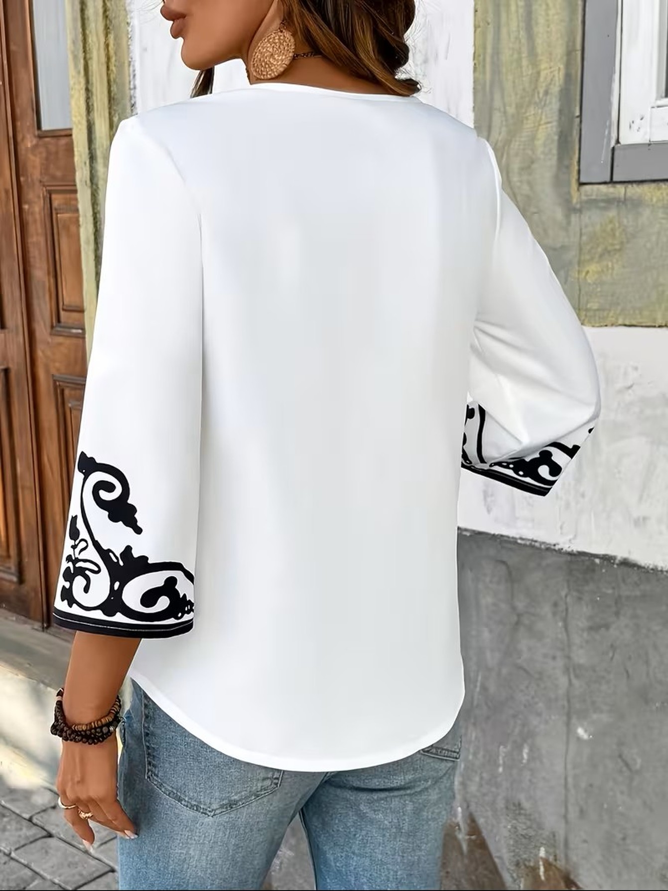 White Blouse with Black Baroque Print Bell Sleeves