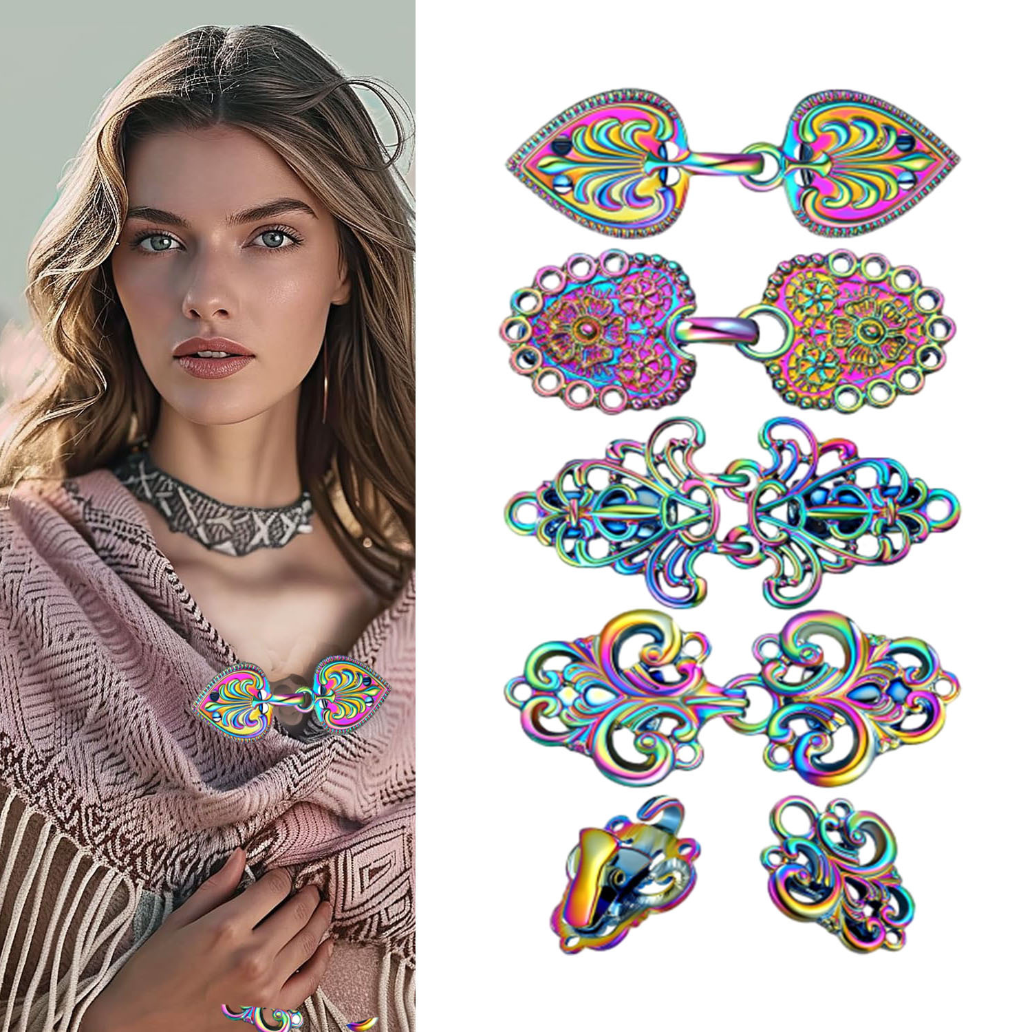 

1pc Pince à Pull Vintage Multicolore - Accessoire Élégant Iridescent pour Cardigans, Capes & Châles de Femme avec Design Intriqué de Tourbillons et de Fleurs