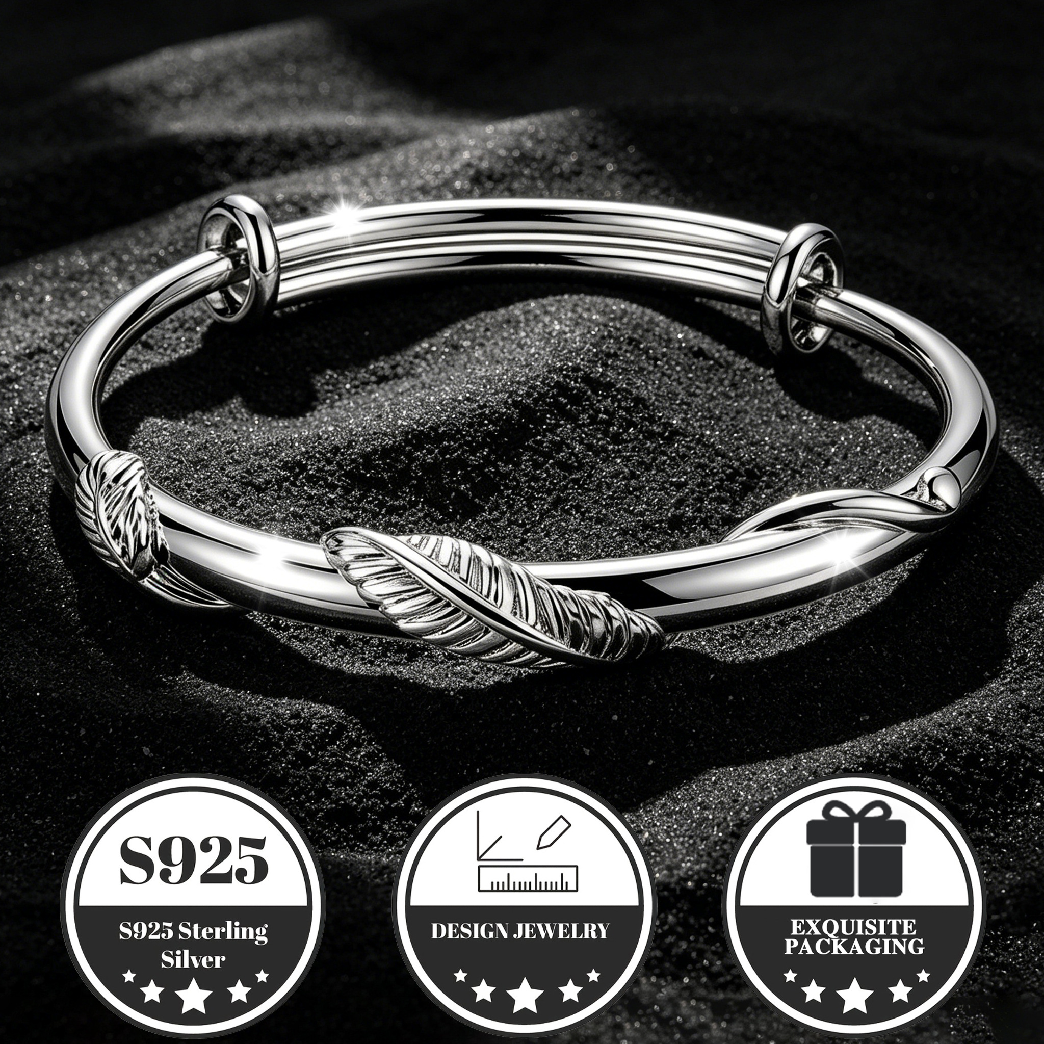 Image of S925 Sterling Adjustable Slide Bangle Bracelet, 3d Embossed Silvery Bangle, Hypoallergenic Anti-tarnish Fine Jewelry For Daily Wear, Ideal Birthday Valentine's Day Gift For Women And Couples