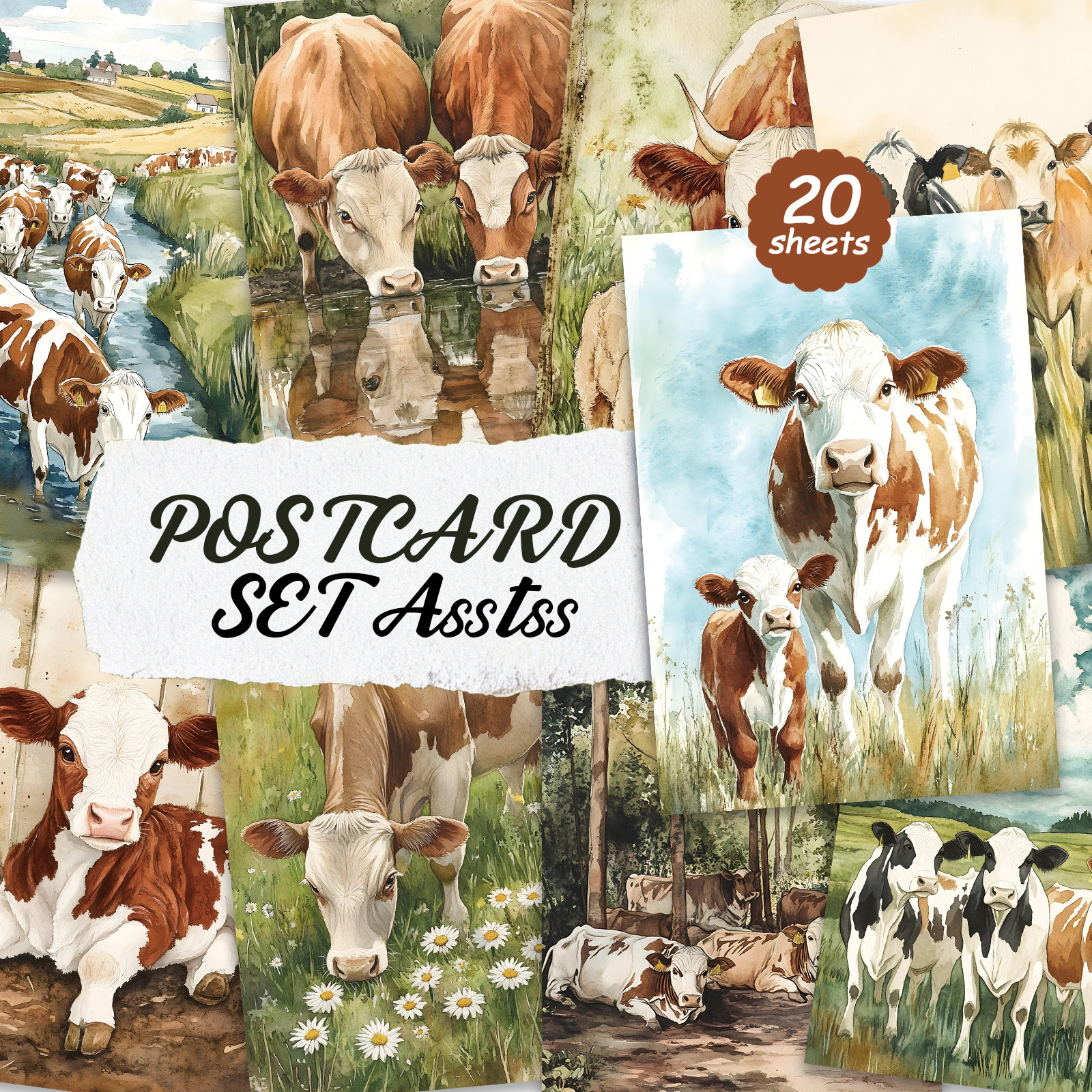 TEMU Set van 20 Diverse Vintage Boerderij Koe Postkaarten van 4x6 inch, Perfect voor Retro Junk Journals, Met Klassieke Kunstwerken, Verzamelbare