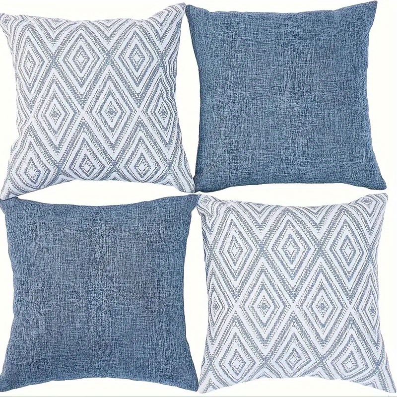 TEMU 4pcs, Double-sided Print, 2d Flat Printing, Blue And White Geometric Pattern Throw Pillow Covers Soft Short Plush, Multiple Sizes, Suitable For