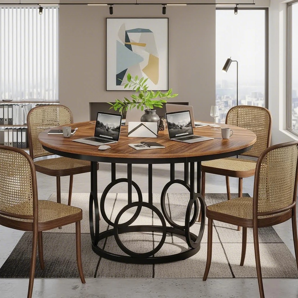 47 Inch Round Meeting Table, Industrial Black Office Discussion Desk (only Table 1pc)