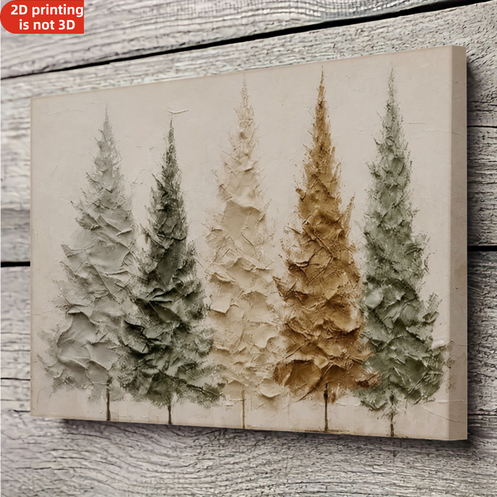 TEMU 2d Flat, 1pc Modern Abstract Framed Canvas - Textured 5 Pine Tree Print With Frame, Minimalist Scandinavian Decor Suitable For Living Room,