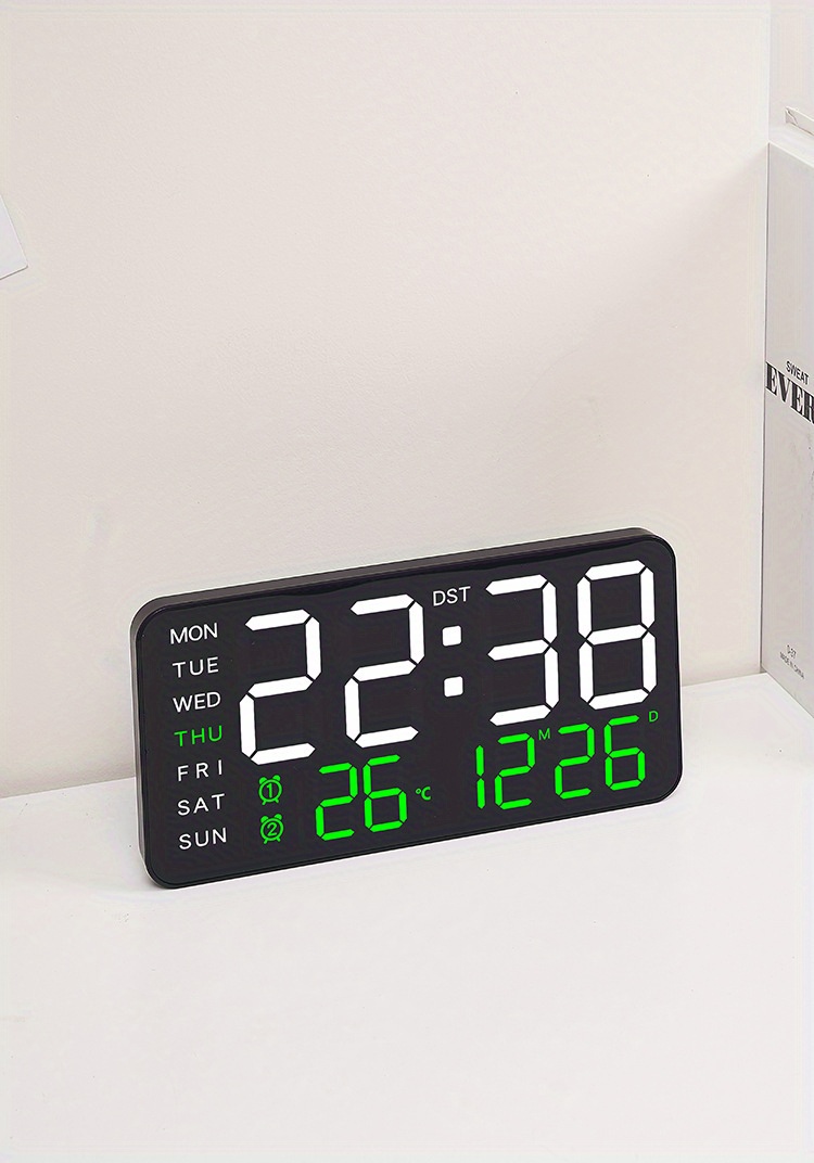 LED digital wall clock with temperature display, date and working day - dual alarm clock, 12/24-hour format, perpetual calendar, rectangular, battery powered (AAA) - perfect for bedroom decoration