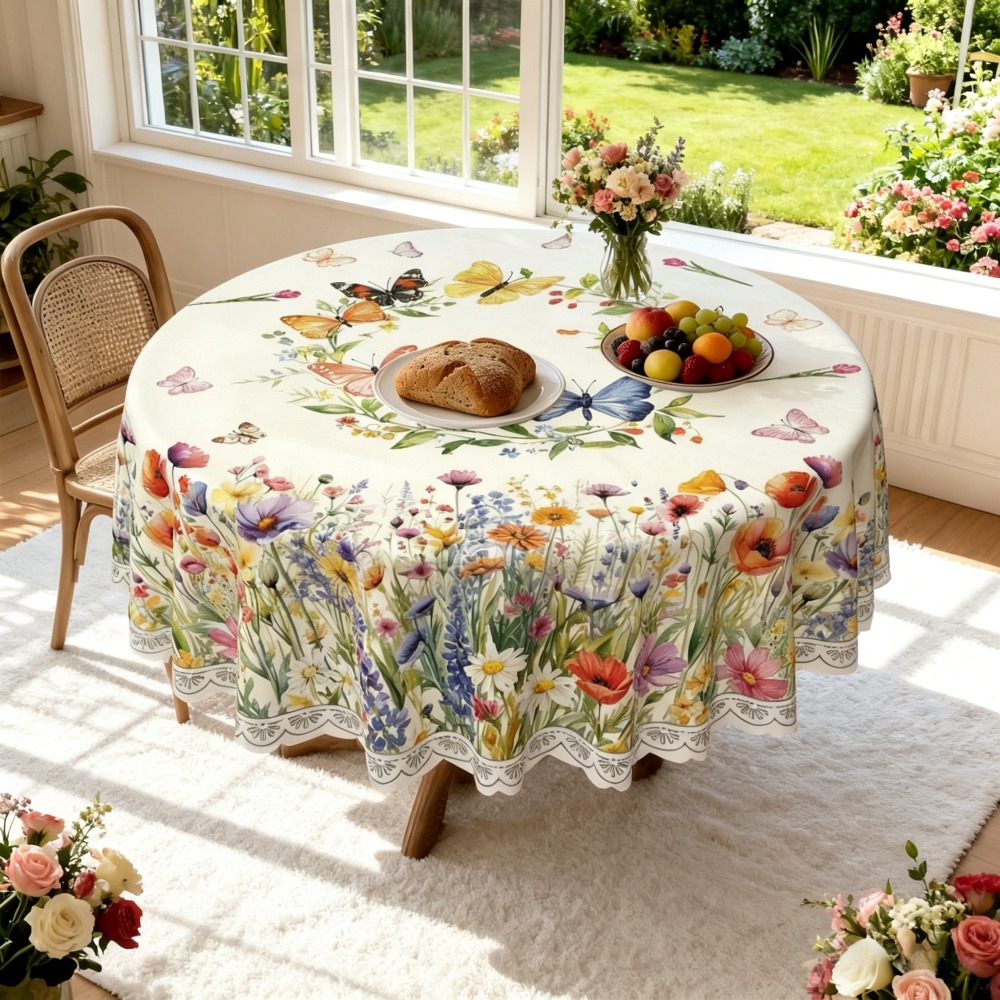 TEMU 1pc Watercolor Floral Round Tablecloth, Pastoral Romantic Polyester, Lightweight Quick-dry Machine Washable Home Decor For Kitchen Table /