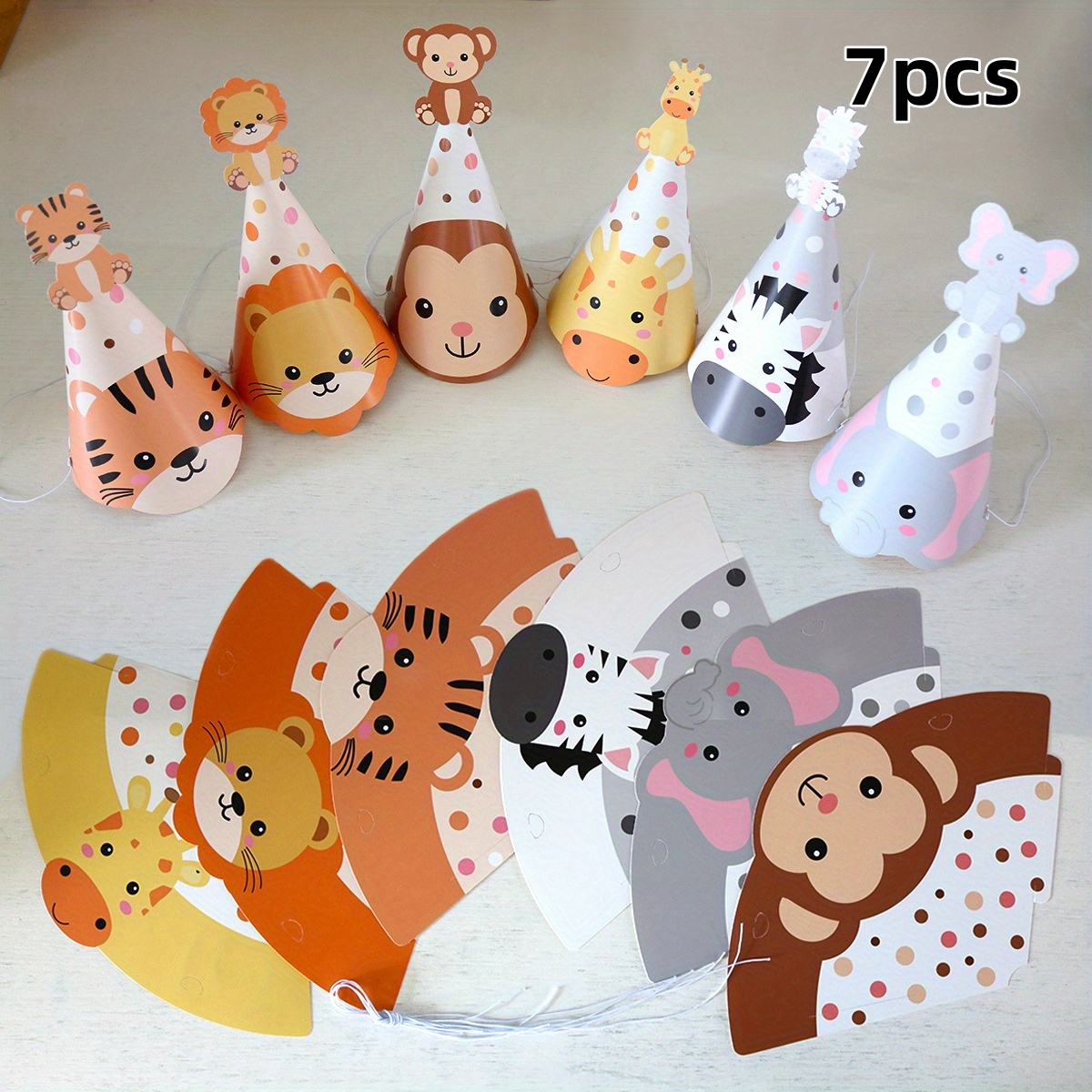 Image of 7 Funny Animal Party Hats, Paper Birthday Headwear, Animal Theme Decoration | Lightweight Headwear New Year Valentine's Day Party Activities I Halloween I Navidad