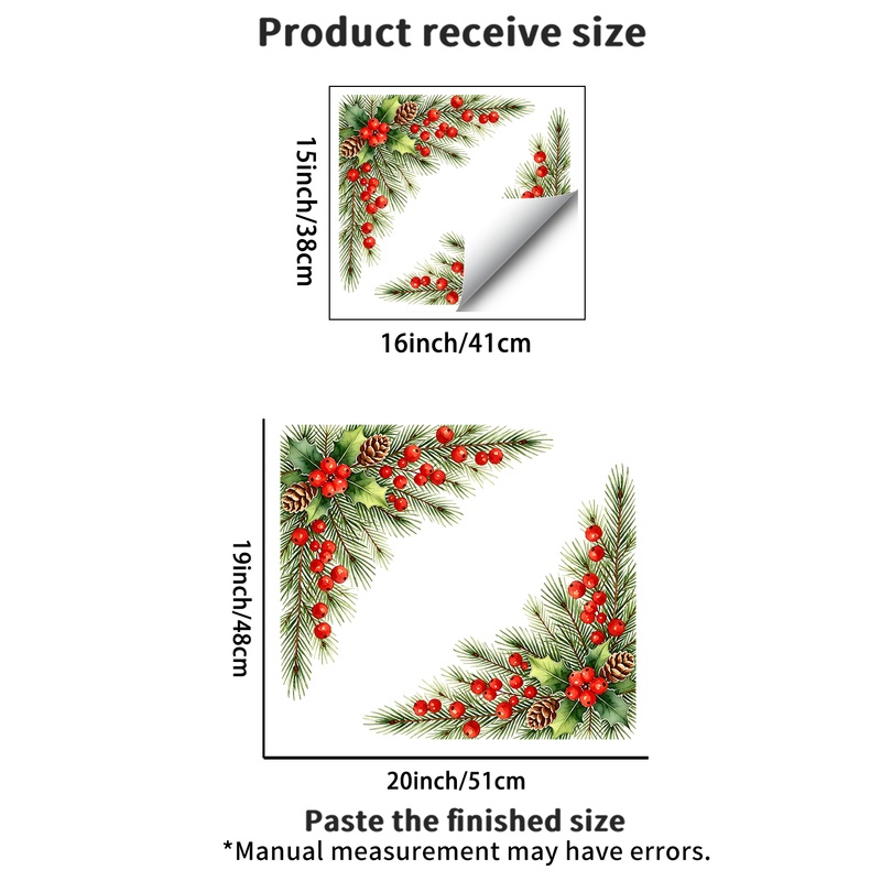 TEMU 1 pièce Autocollant de fenêtre à adsorption 1 pièce, Couronne de Noël avec houx et rouges, Autocollant en verre avec de branche de pin, pomme de