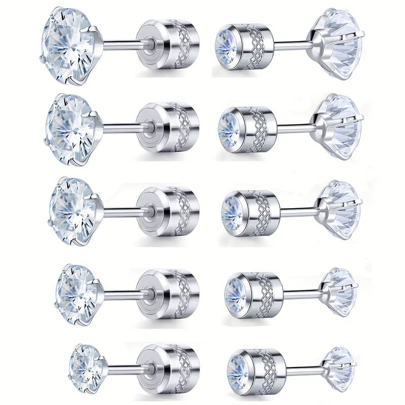 TEMU 5 Pairs Screw Back Stud Earrings Set For Sensitive Ears, Hypoallergenic Surgical Stainless Steel Double Sided Round Cubic Zirconia Earrings For
