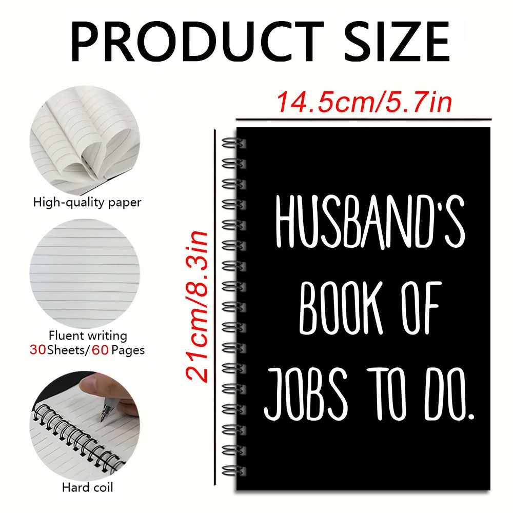 TEMU Funny Husband Notebook, Spiral Bound Journal, Hard Coil Durable, 60 Lined Pages, Gag Gift For Him, 5.7x8.3in, 1 Pack