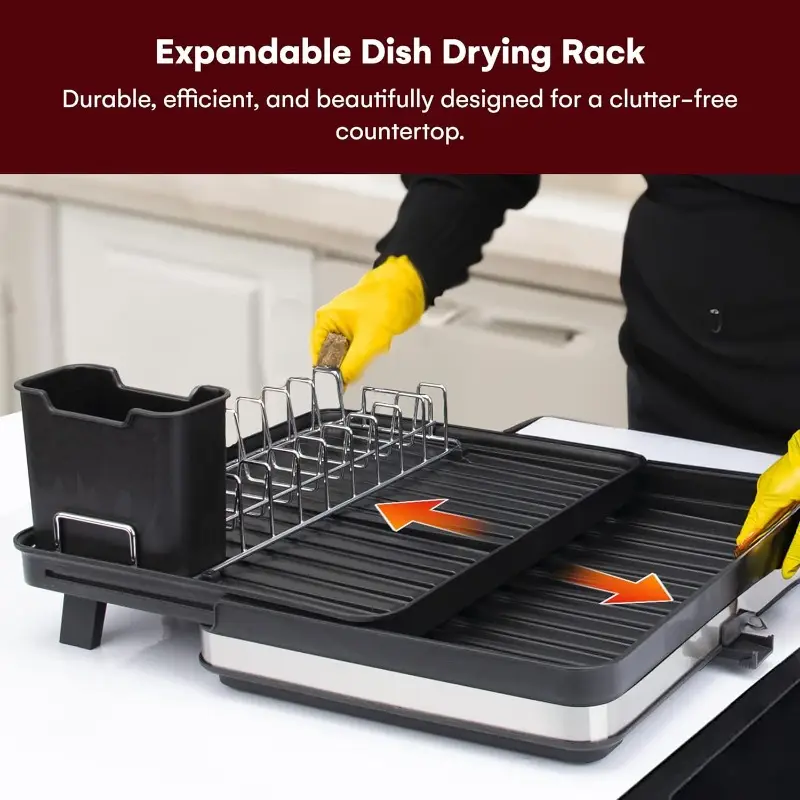 heavy duty expandable dish drying rack space saving adjustable kitchen organizer extra wide dish rack expands from 11 8 to 20 wide rust resistant aluminum for plates pots utensils compact storage black kitchen dish drying rack utensil holder durable construction apartment living sturdy construction home cooks Product details 3