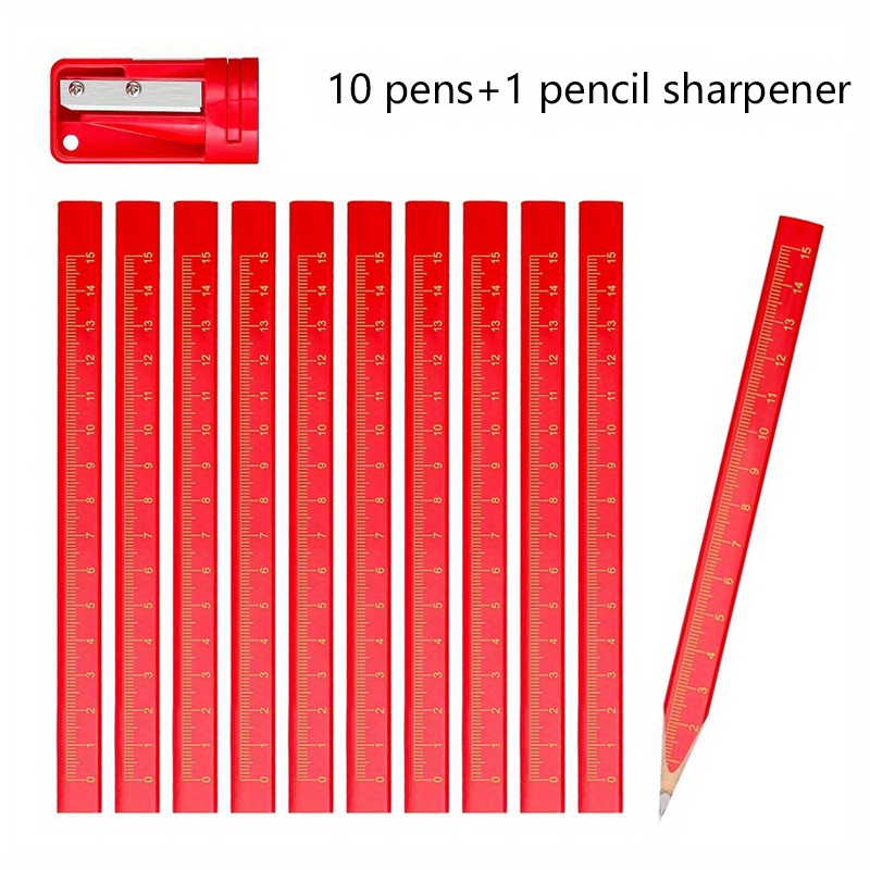 11pcs Woodworking Pencils With Sharpener, Special Pen For Marking Workers, Wooden Black Octagonal Red Square Drawing Line