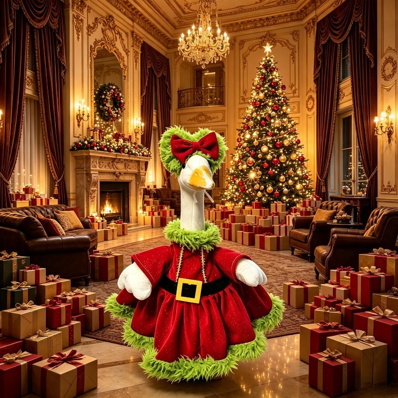 TEMU 2pcs Winter Christmas Green Santa Porch Goose Outfit Green Santa Dress With Hair Accessory Fits 23 Inch Statue Goose Christmas Yard Statue Goose