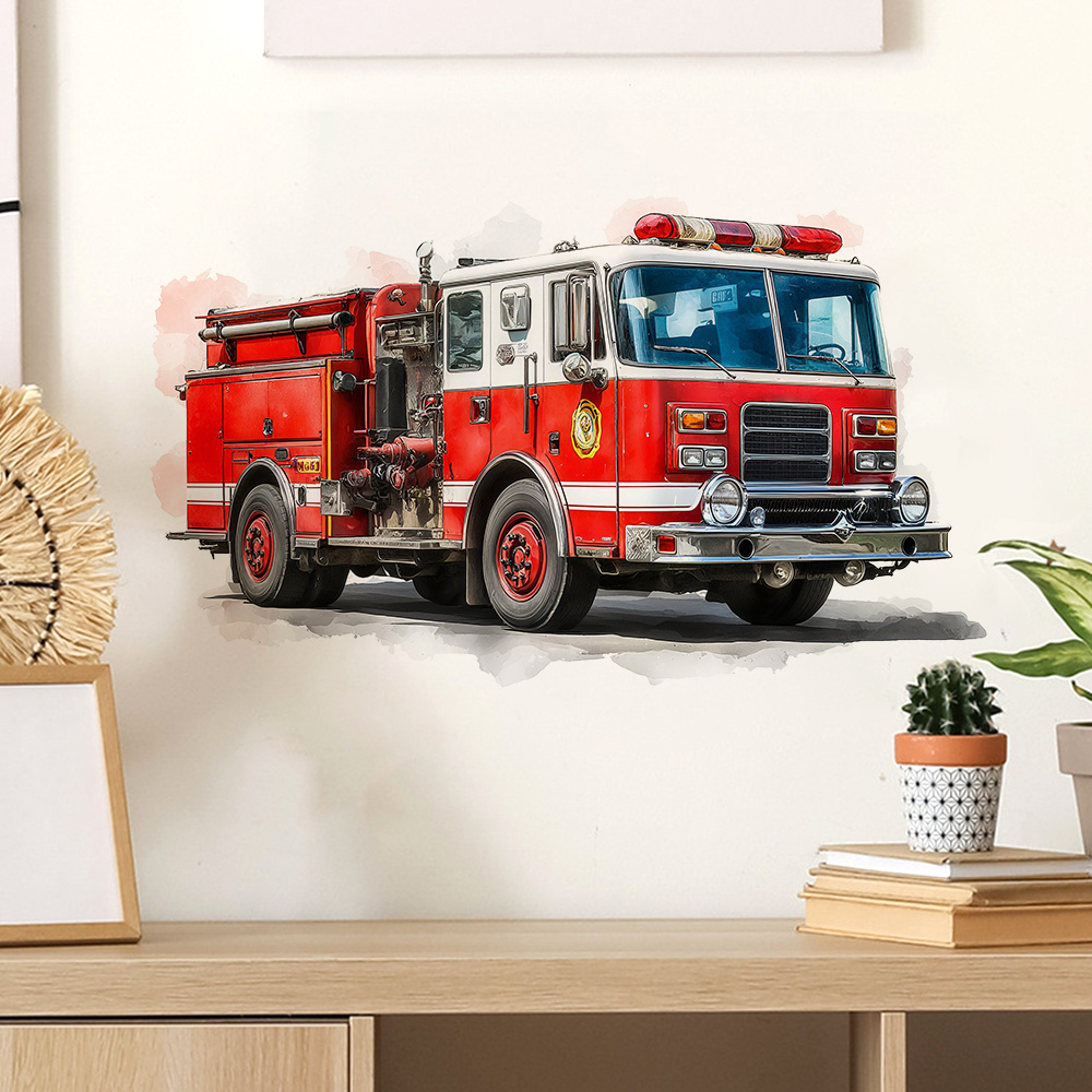 Image of 1pc Fire Truck Sticker Suitable For Living Room, Bedroom, Kitchen, Door, Wall Home Decoration Background Wall Decoration Vinyl Ultra-convenient Removable Self-adhesive Wall Sticker