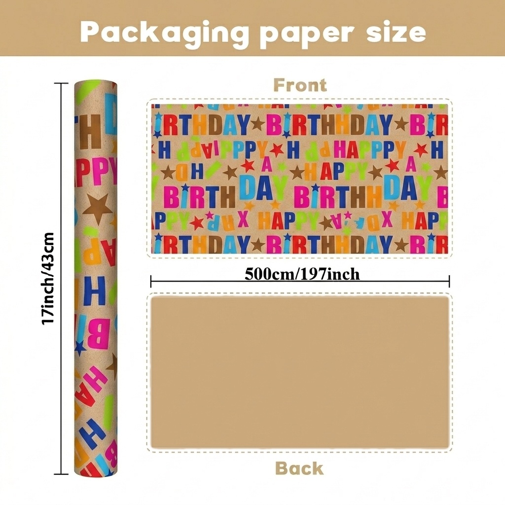 Image of Colorful 'happy Birthday' Paper Roll, Star Pattern Birthday Gift Wrapping Paper, Suitable For Birthday Parties, Gift Wrapping Supplies, Crafts (43x500cm)