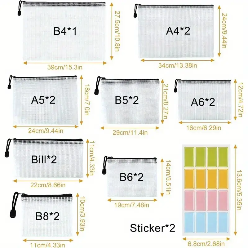 Mutsitaz Lot 15 Pochettes Plastique A4 A5 A6 Zippées - 5 Couleurs Transparentes