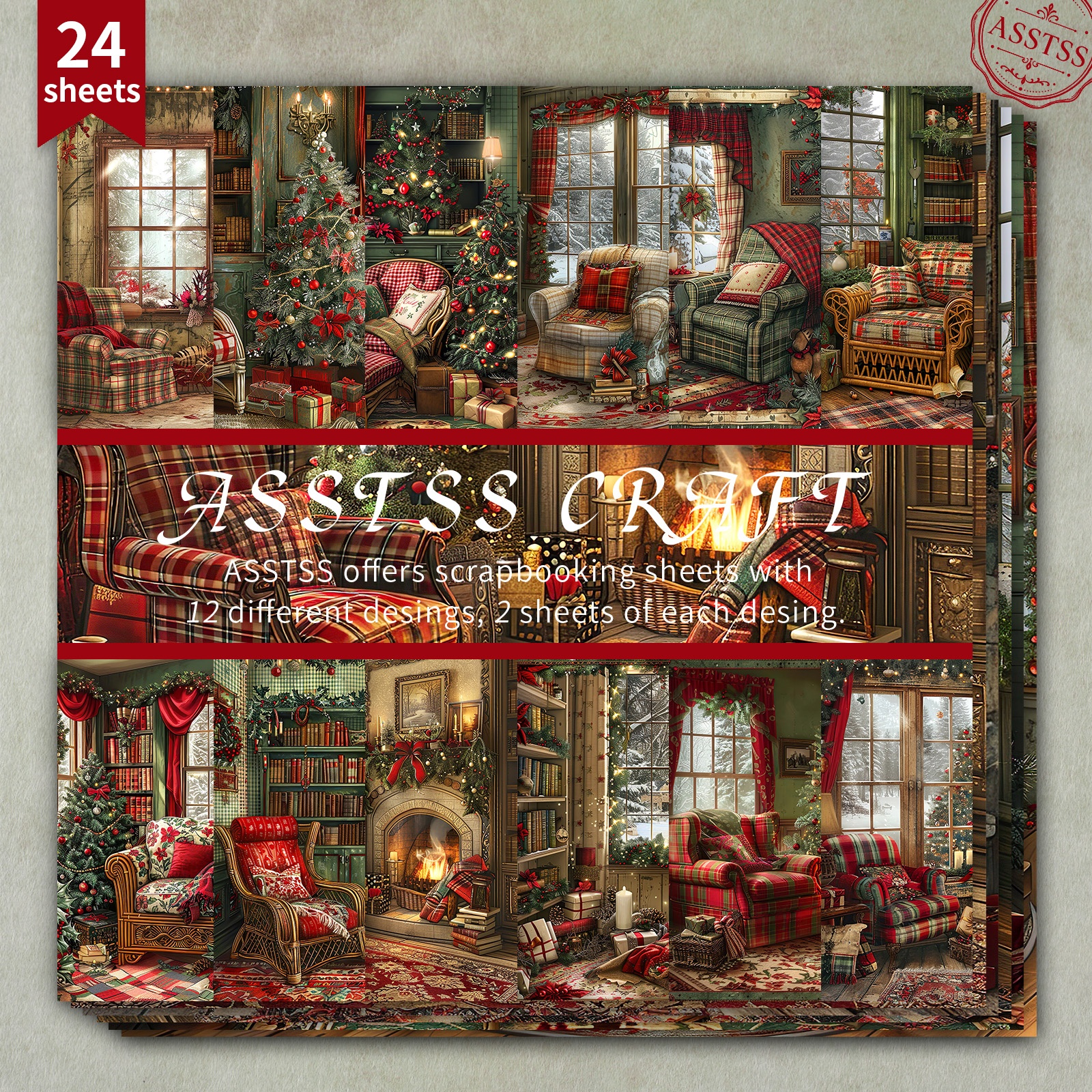 TEMU Bloc de papier de scrapbooking ASSTSS 24 feuilles 6*6 pouces, papier de support style canapé à carreaux, cheminée, paysage d'hiver vintage de
