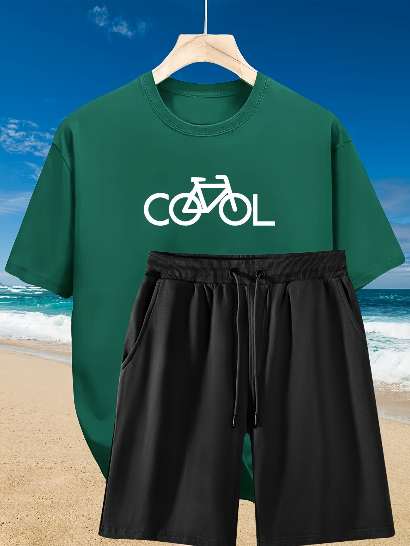 2pcs Men's Summer Casual Outfit: Relaxed Fit Cotton T-Shirt & Drawstring Shorts Set -Bike Printed - Sporty, Comfortable, Beach-Ready, Summer Shorts, for Daily & Weekend Casual Wear