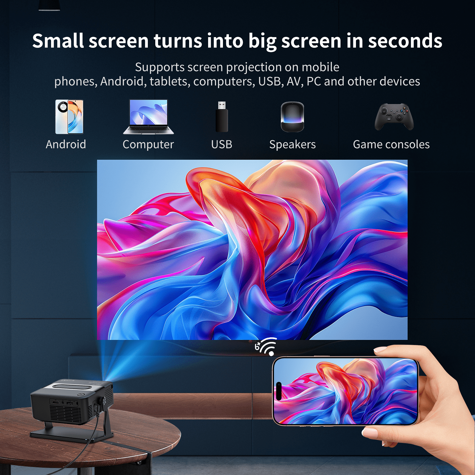 Projecteur home cinema 4K ready 720P local, compact avec correction trapézoïdale automatique, diffusion sans fil, courte distance pour films et jeux