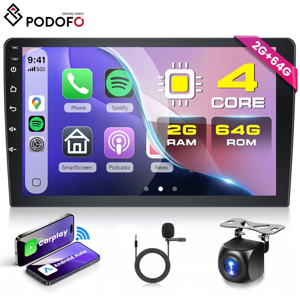TEMU PODOFO Autoradio Single Din Touchscreen Carplay, Radio per auto staccabile da 9,5 pollici con Carplay cablato Auto Radio FM wireless TF/USB/AUX