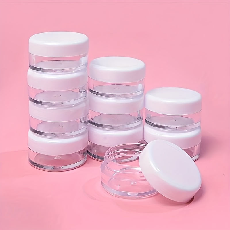 E-shop 30er-Set, transparente Kosmetikgläser aus Kunststoff mit lila/weißen Deckeln, Reisebehälter für Creme, Lotion, Perlen, Lidschatten, Wurzeln,