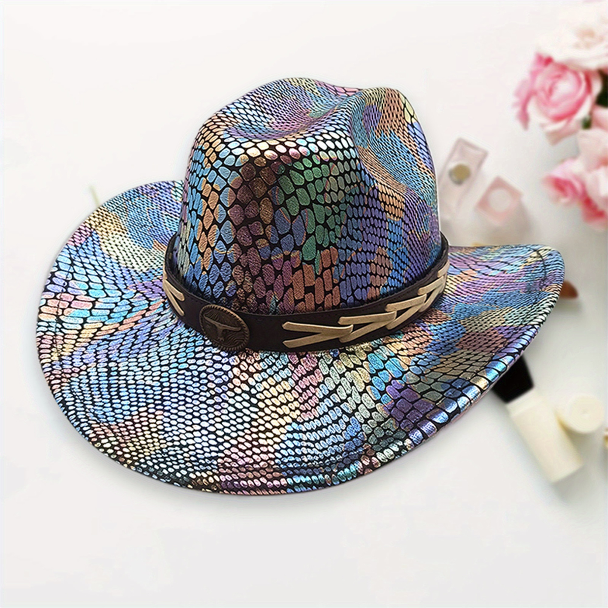 3389 Women\'s Western Cowboy Hat Vintage Cow Print Metal Bull Wide Brim Jazz British Retro Style Western Cowboy Hat for Men Custom Size  main image 2