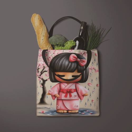 high definition printed canvas tote bag featuring a pink clad doll cherry this large capacity printed handbag is stylish and versatile suitable for daily commutes shopping and school the wide mouth design