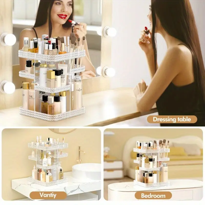 rotating makeup organizer for vanity high capacity acrylic cosmetic storage with clear drawers multi compartment design for perfume skincare makeup brushes plus size clear countertop organizer bathroom vanity storage sleek clear drawers Product details 4
