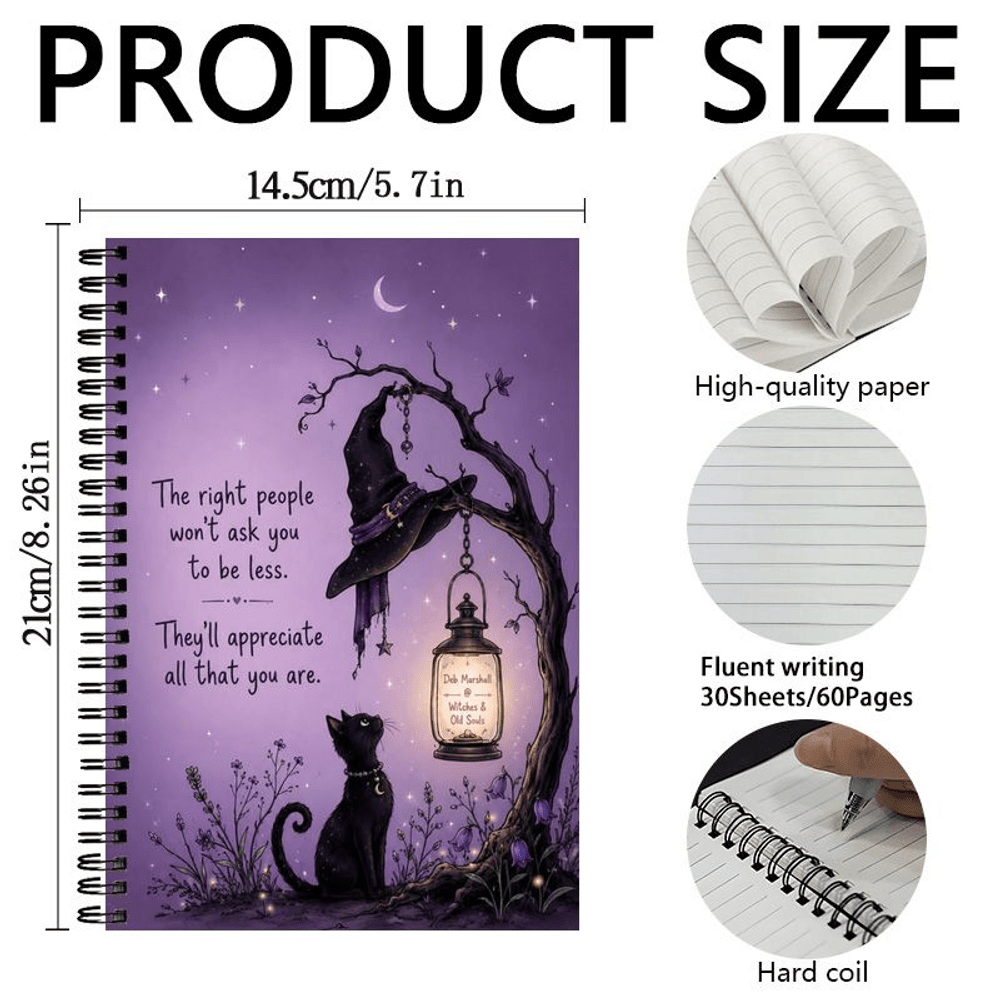 TEMU 1pc Witchy Aesthetic Spiral Notebook, Black Cat, Hat, Lantern & Quote On Purple Starry Night, (60 Pages) Lined Paper, School/office Use,
