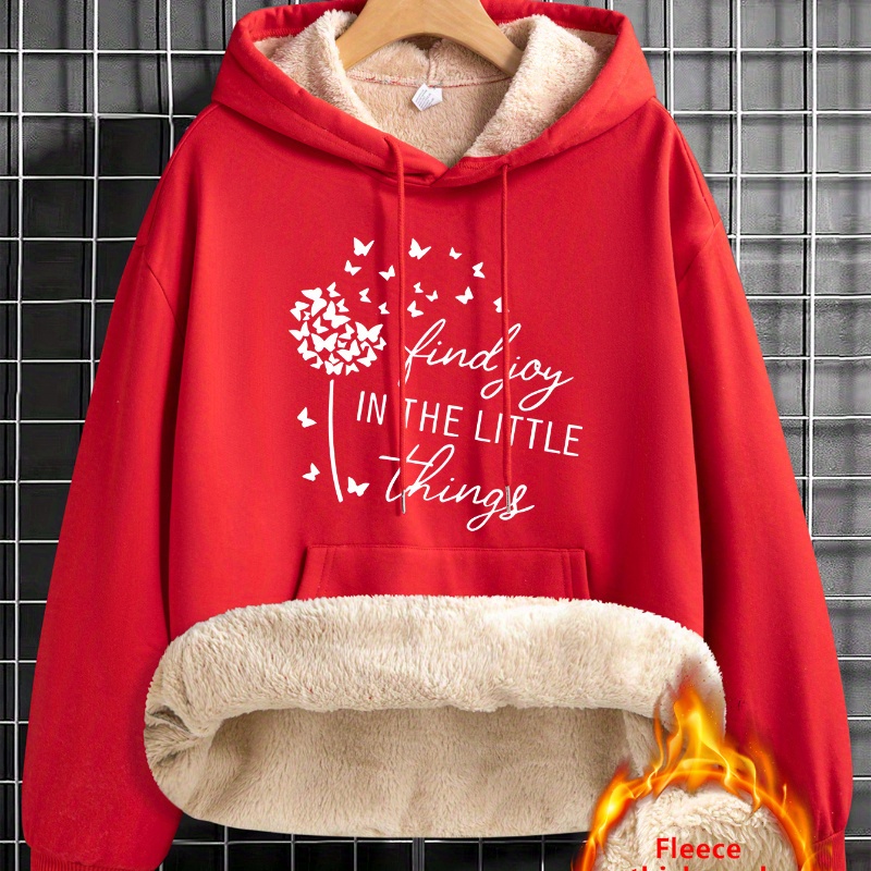 

Women's Cozy Fleece-lined Hoodie With Butterfly & Floral Print - Casual Drawstring Pullover For Fall/winter