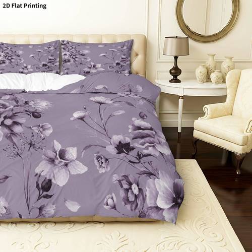 set de husă de ă 2d, imprimată, 3 piese, 1 husă de ă și 2 fețe de pernă (fără umplutură), floral mov lavandă, lenjerie de pat pentru festivalul de primăvară, potrivită pentru decorare