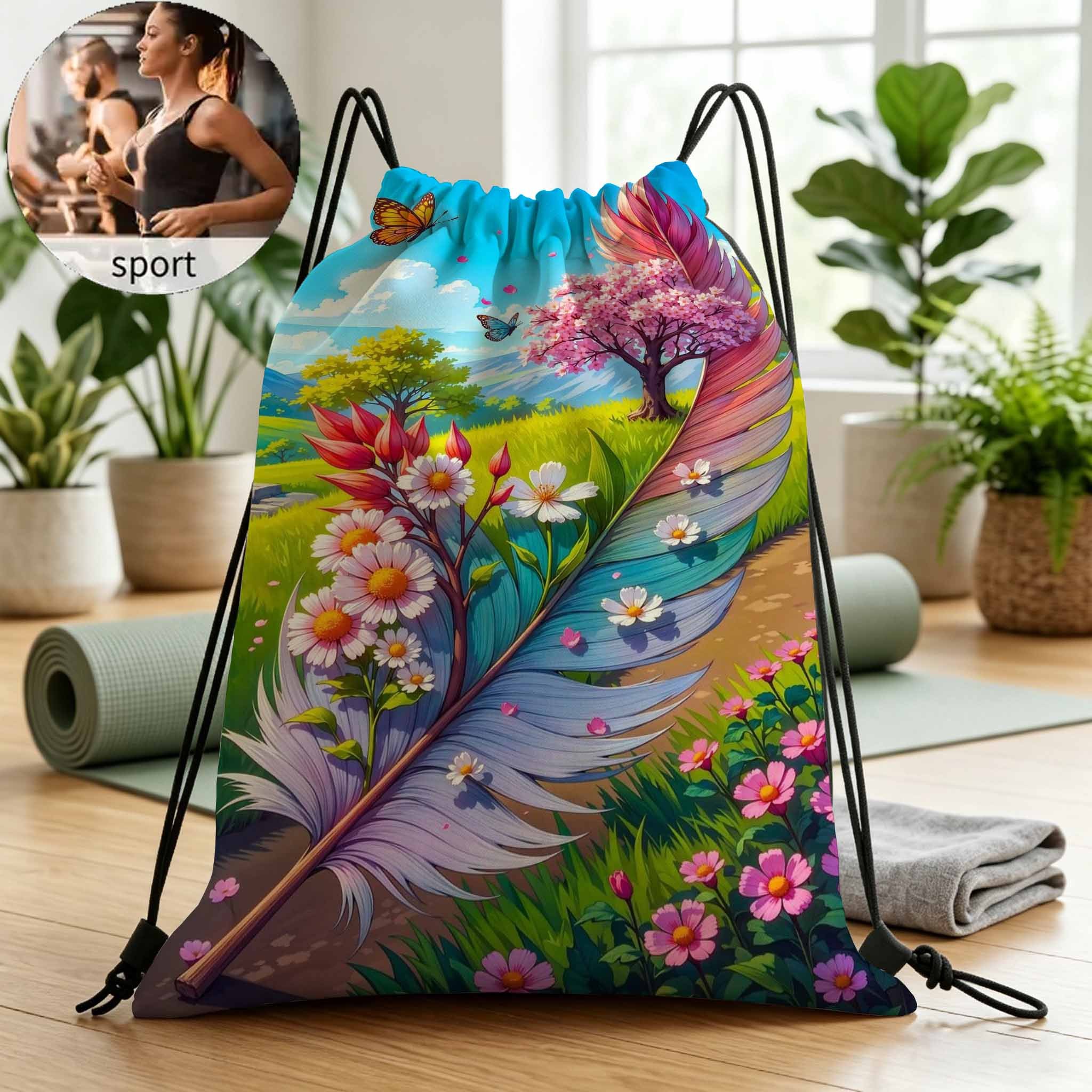 mochila de 1 pieza con estampado de mariposas, plumas y flores, tela oxford  , portátil, multibolsillos, adecuada para gimnasio, viajes, deportes