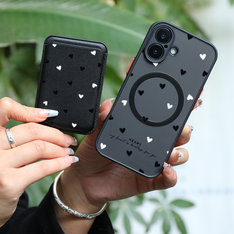 E-shop Handyhülle: 2 Stück 1 Set & Modisches Luxus--Schutzhülle mit schwarz-weißem Herz-Muster für iPhone 16 15 14 13 12 11 Pro 8 Plus Magnetische